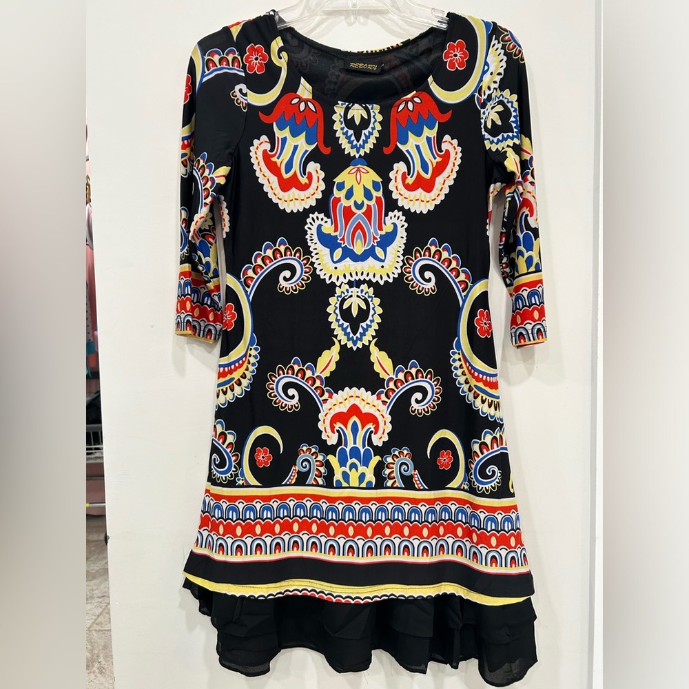 Reborn Boho 70s style Paisley Mini Dress Large 3/4 sleeve, ruffled bottom edge